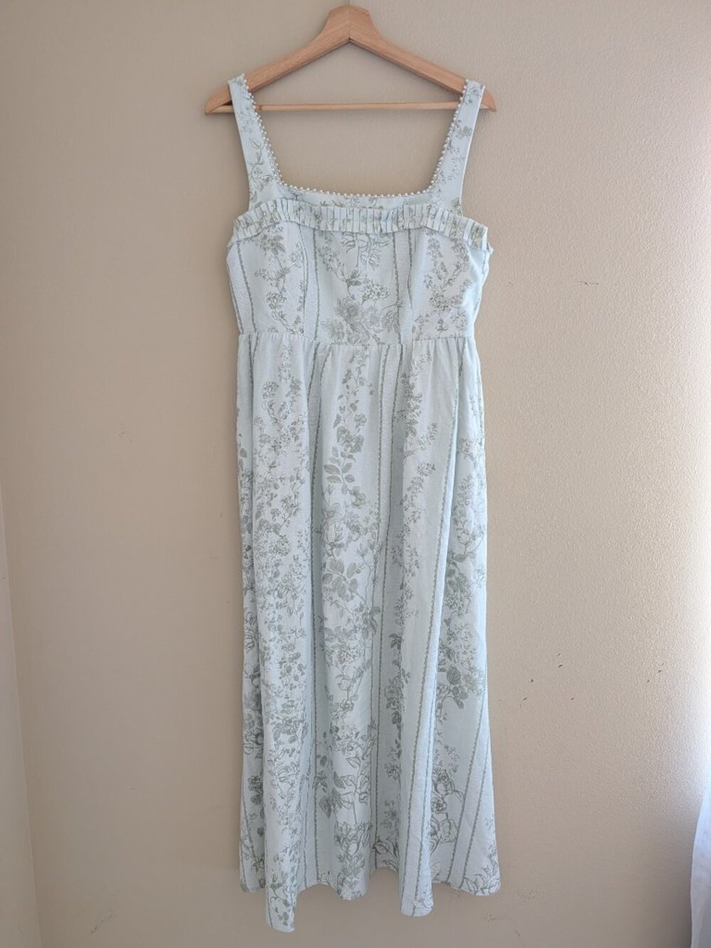 Caroline Constas Sage Green Pearl Neck Trim Floral Linen Maxi Dress Size S NWT - Picture 3 of 13